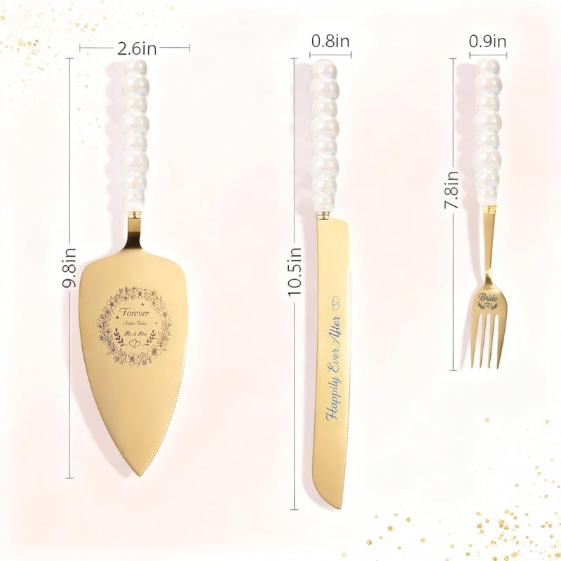 kingump 4 Piece Wedding Cake Cutting Set, Knife and Server with Forks, Elegant Wedding Cake Knife and Server Set for Bride and Groom(Pearl Handle Gold) - Image 3